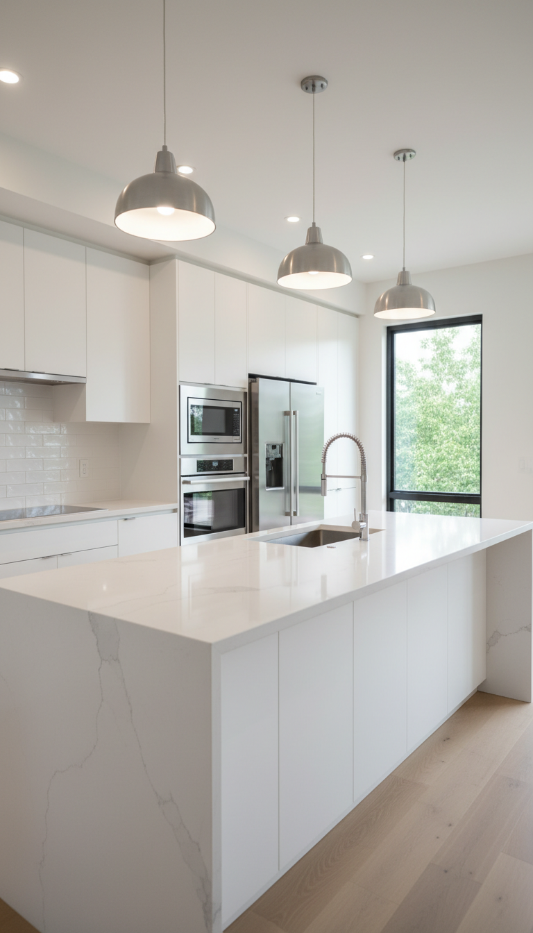 An immaculately shot kitchen interior showcasing sleek white quartz countertops, polished stainless steel appliances, and minimalist cabinetry with soft-close hinges. A glistening subway tile backsplash reflects the diffused overhead pendant lighting, creating delicate highlights along the glossy surfaces. The camera is positioned at eye level with a sharp focus throughout, emphasizing the kitchen’s open, airy organization. Neutral tones and balanced composition give the space a sense of cleanliness and professionalism. The photographic realist style emphasizes clarity, structure, and a modern corporate vibe, tailored for a real estate photography services site to illustrate attention to detail and premium quality.