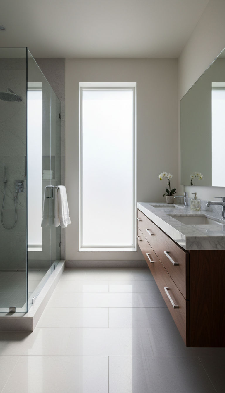 A pristine, meticulously photographed luxury bathroom featuring a frameless glass shower enclosure, floating vanity with white marble countertop, and satin chrome fixtures. The space is filled with soft, filtered morning light from a frosted window, casting subtle, serene shadows and enhancing the smooth, reflective surfaces. The scene is composed for symmetry, with the camera directly facing the vanity at eye level, providing a clear, unobstructed view. Clean lines and a structured layout reinforce a high-end, professional atmosphere. The overall aesthetic is clean and modern with photographic realism, delivering a corporate impression suitable for showcasing real estate photography excellence.