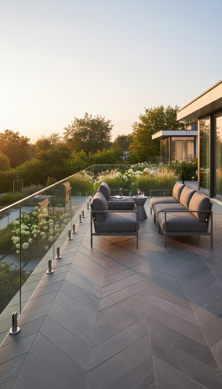 An inviting outdoor patio area captured in golden hour light, featuring a contemporary slate tile floor, sleek glass railing, and a set of outdoor lounge chairs upholstered in weather-resistant charcoal fabric. The setting overlooks a manicured garden with leafy shrubs and subtle landscape lighting beginning to glow. Framed with a wide-angle lens from a slightly elevated position, the image highlights the seamless transition between indoor and outdoor spaces. The mood is warm and tranquil, evoking upscale relaxation and adding value to property listings. The image is rendered in photographic realism with a clean, professional aesthetic, underscoring the versatility of the real estate photography services.